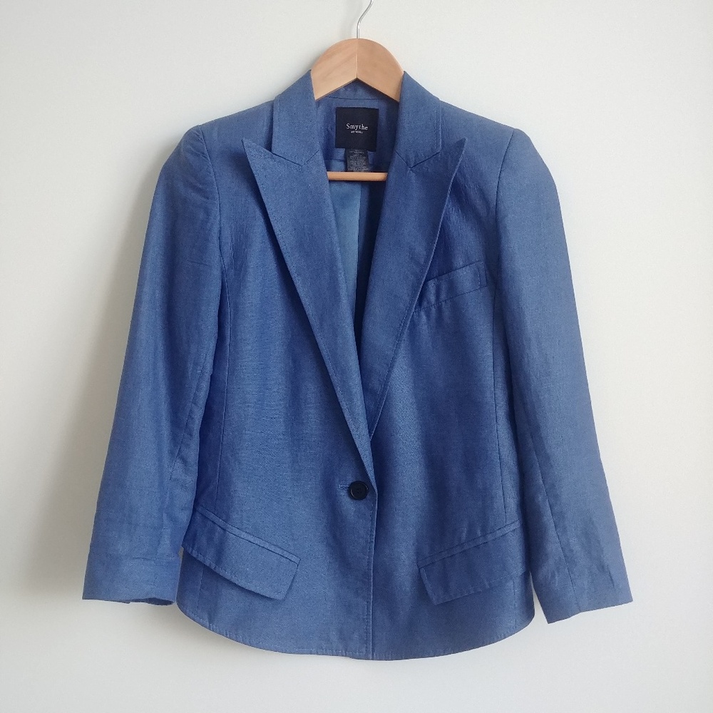 Smythe blue linen cotton sharp shoulder blazer size 2